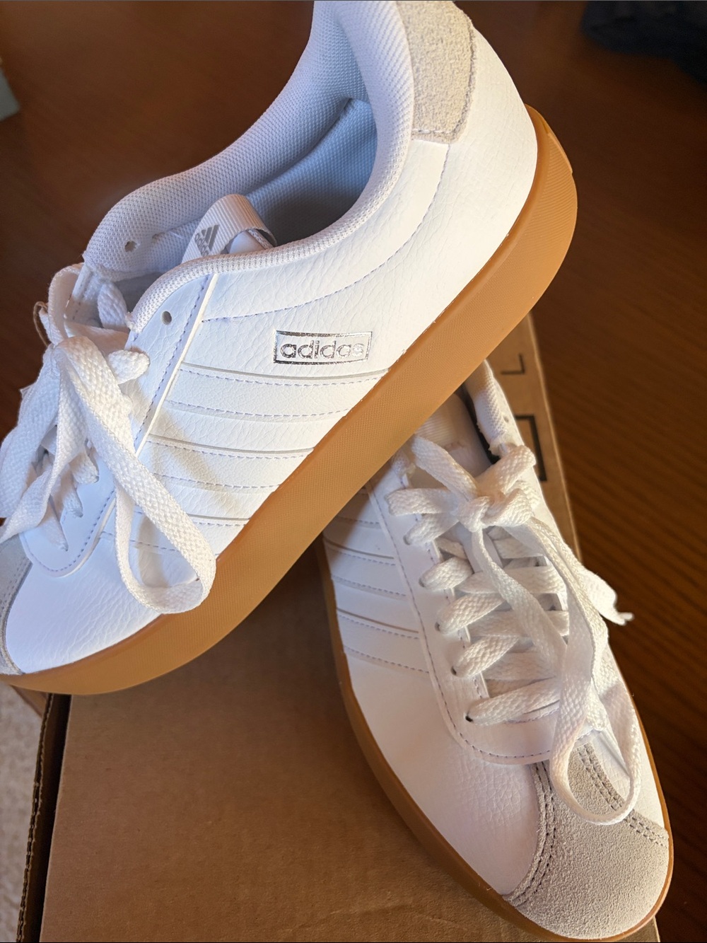 adidas White Sneakers with Gum Sole and Light Gray Suede - Picture 7 of 8
